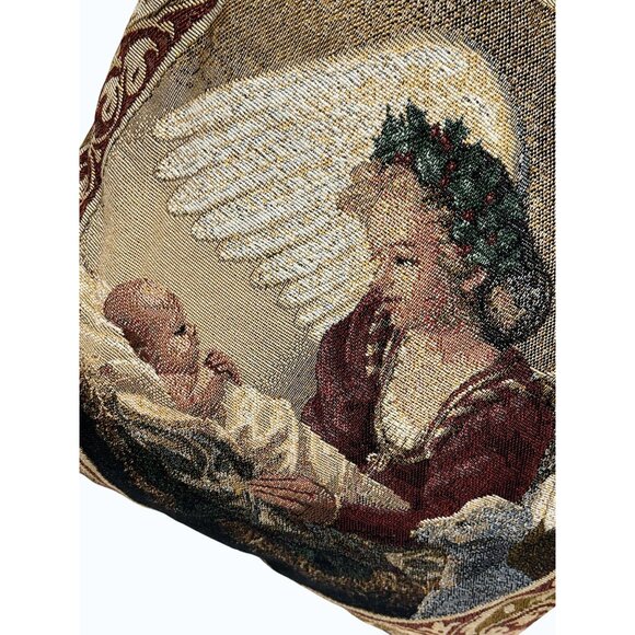 Decorative Vintage Christmas Tapestry Pillow With Angel & Baby 16 x 16 burgundy - Picture 2 of 5